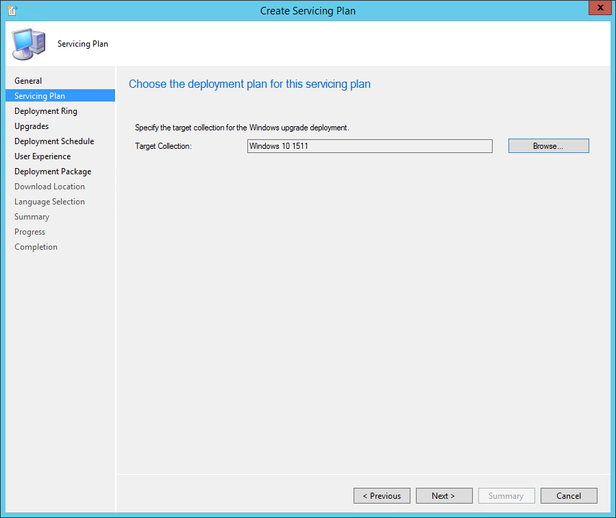 sccm windows 10 servicing plans