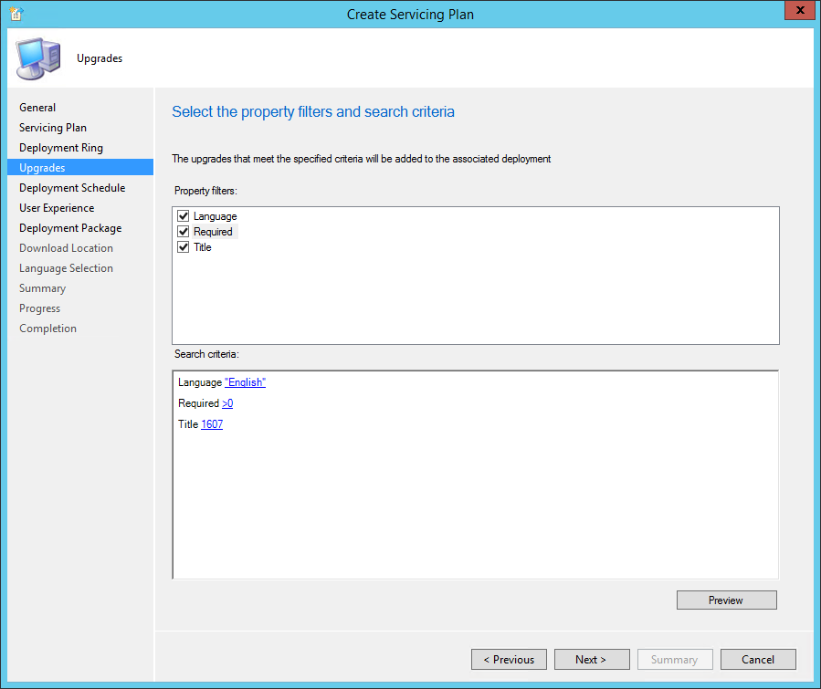 sccm windows 10 servicing plans