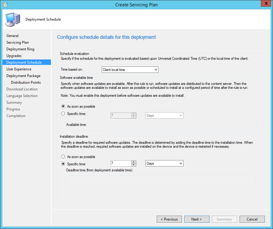 sccm windows 10 servicing plans