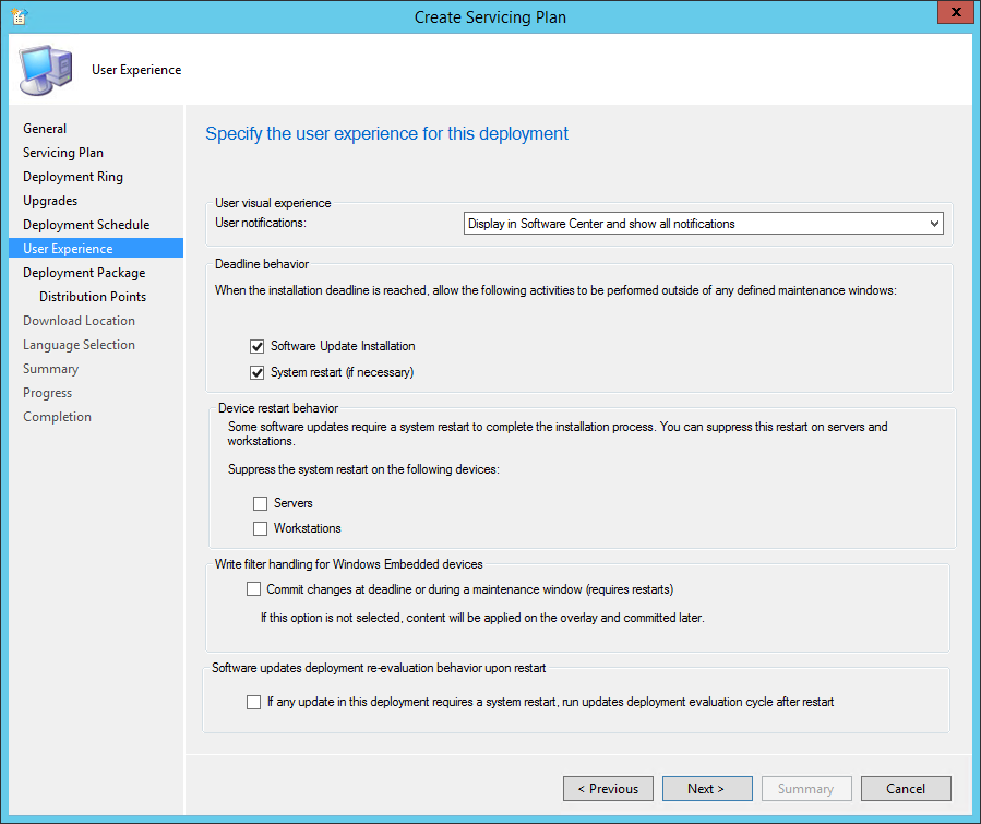 sccm windows 10 servicing plans