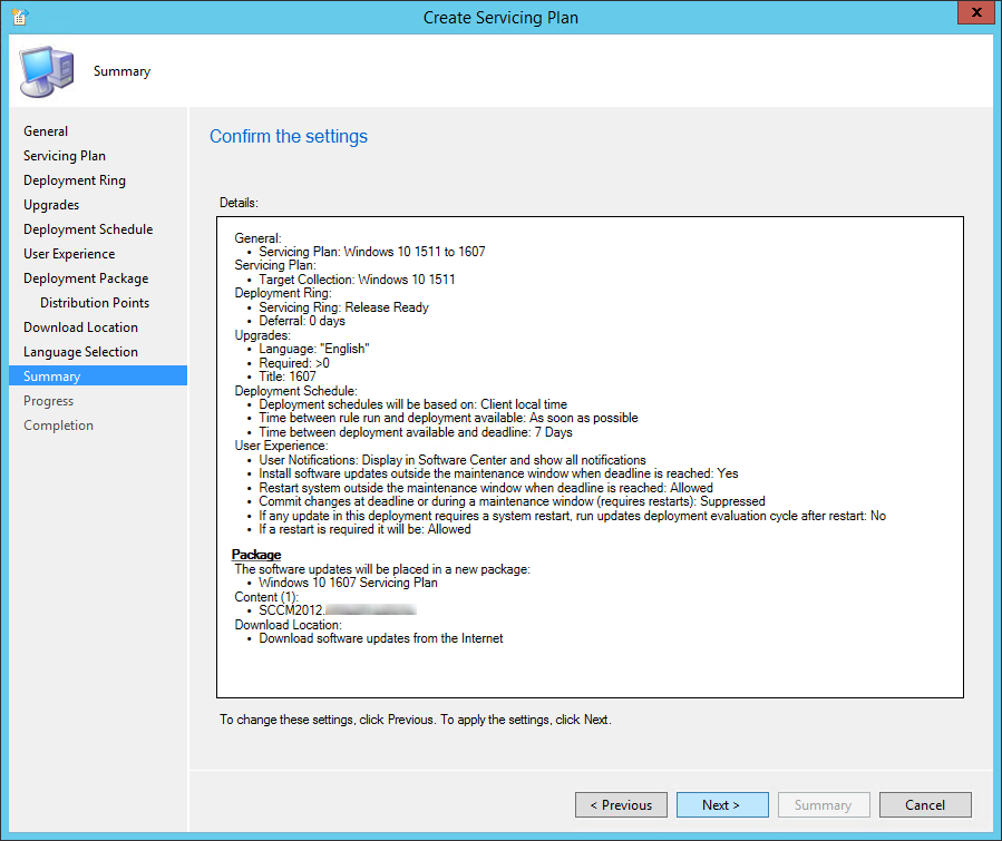 sccm windows 10 servicing plans