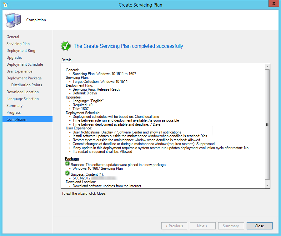 sccm windows 10 servicing plans