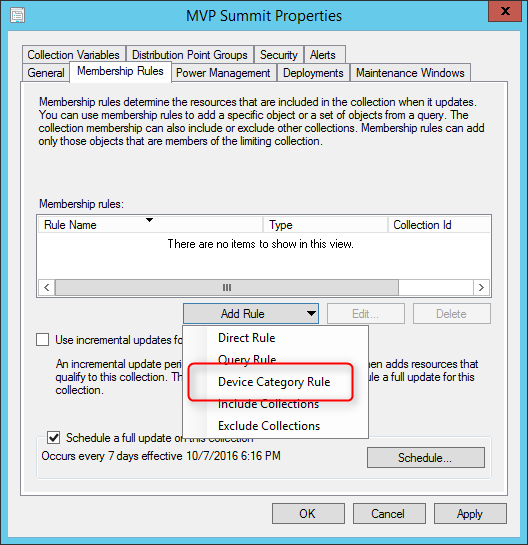 SCCM Device Categories