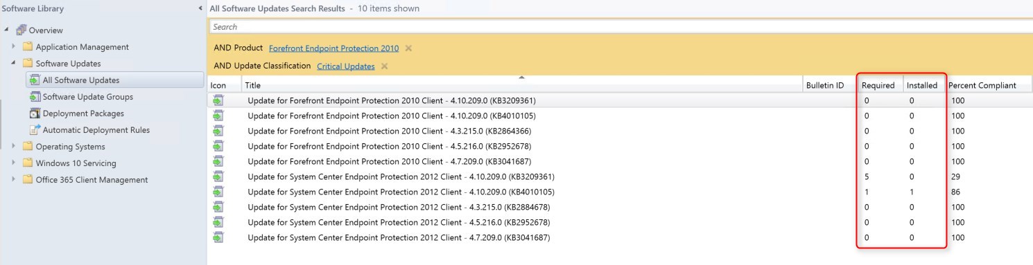 SCCM Endpoint Protection agent version