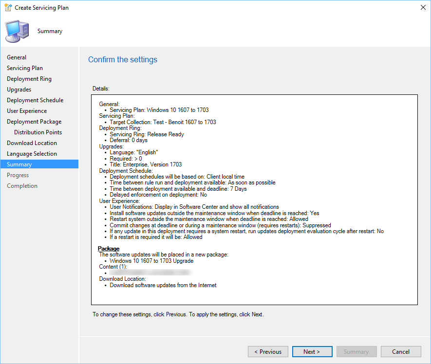 SCCM Windows 10 1703 Servicing Plans