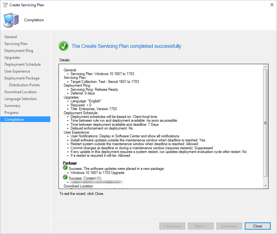 SCCM Windows 10 1703 Servicing Plans