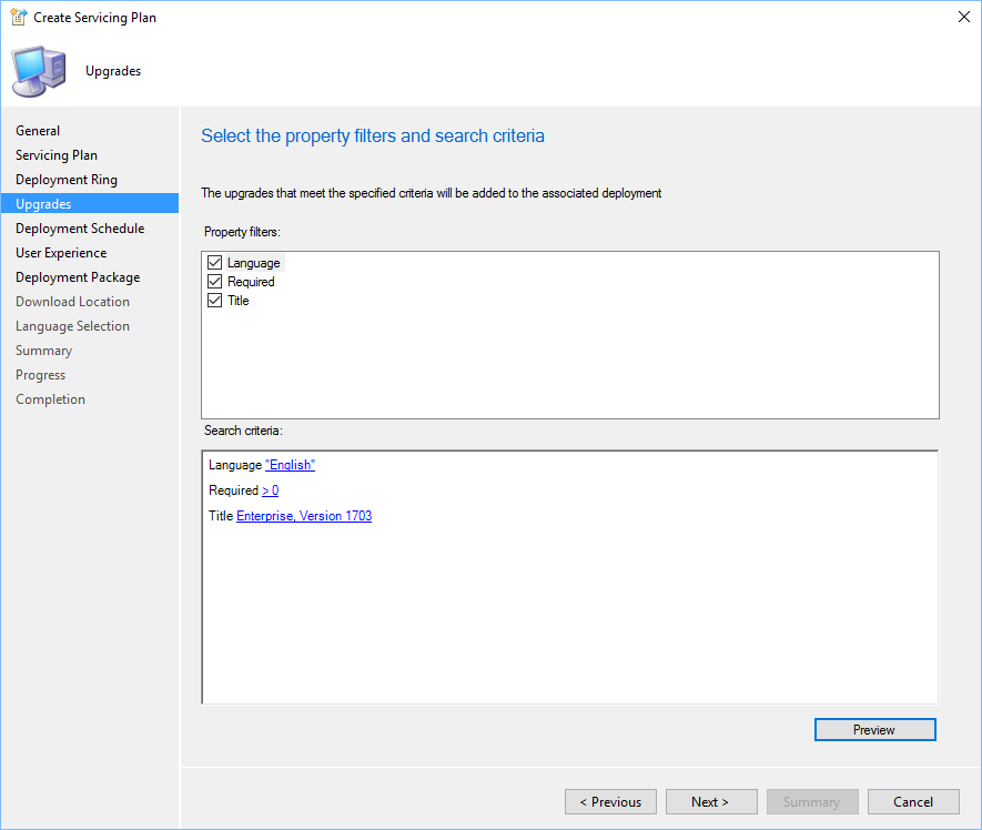 SCCM Windows 10 1703 Servicing Plans