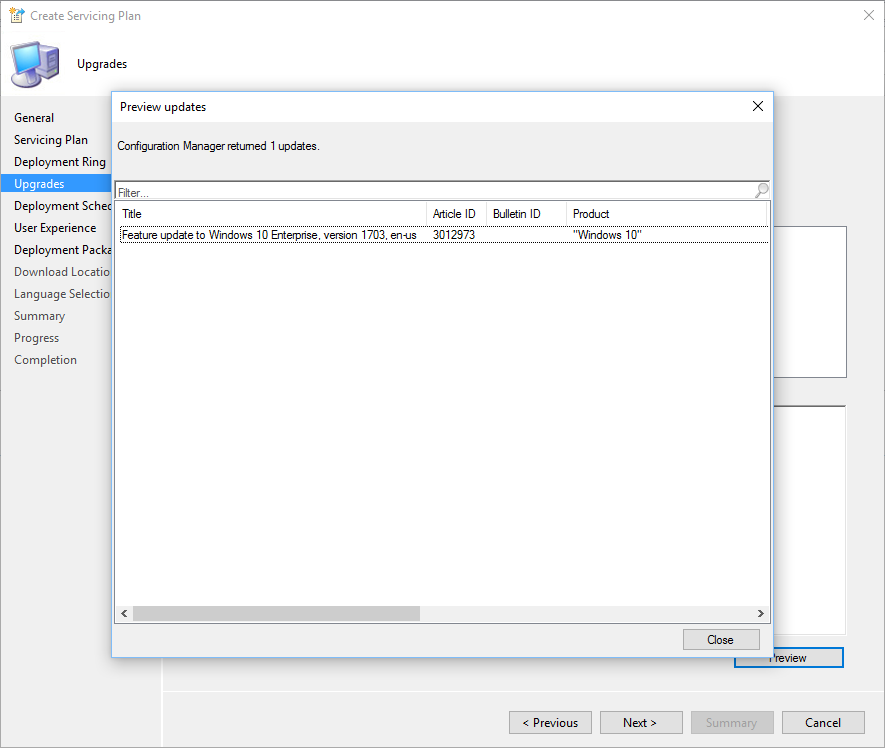 SCCM Windows 10 1703 Servicing Plans