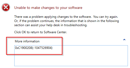 SCCM Windows 10 Feature Update Error 0xC1900208