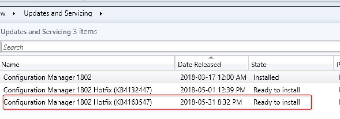 SCCM 1802 Hotfix Rollup KB4163547