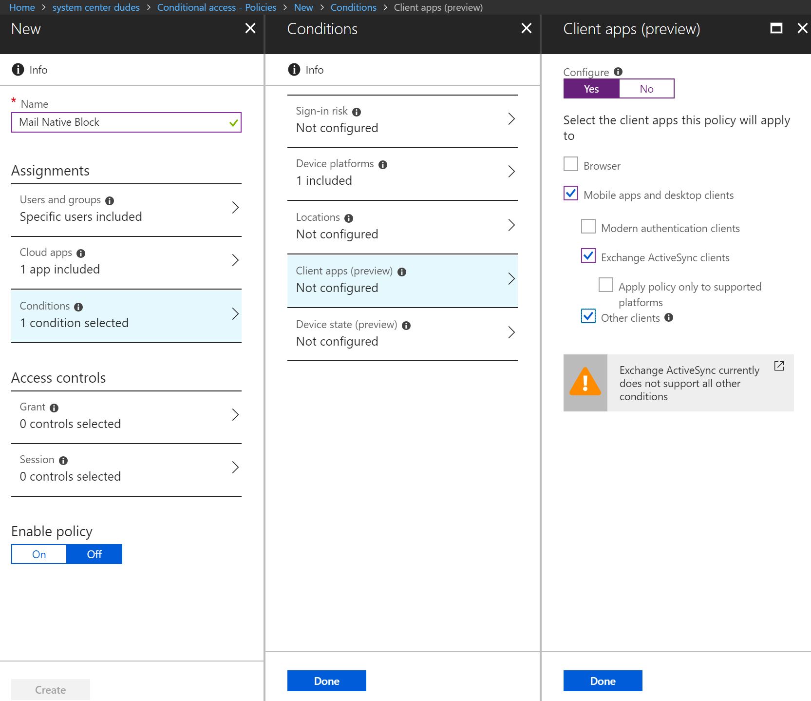 Conditional access blocking Exchange ActiveSync