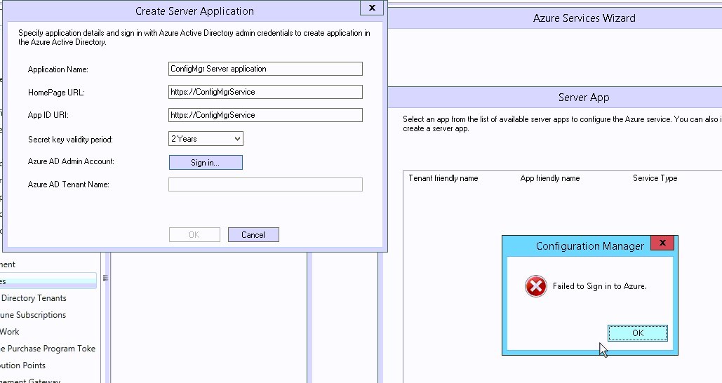 sccm cmg failed login azure