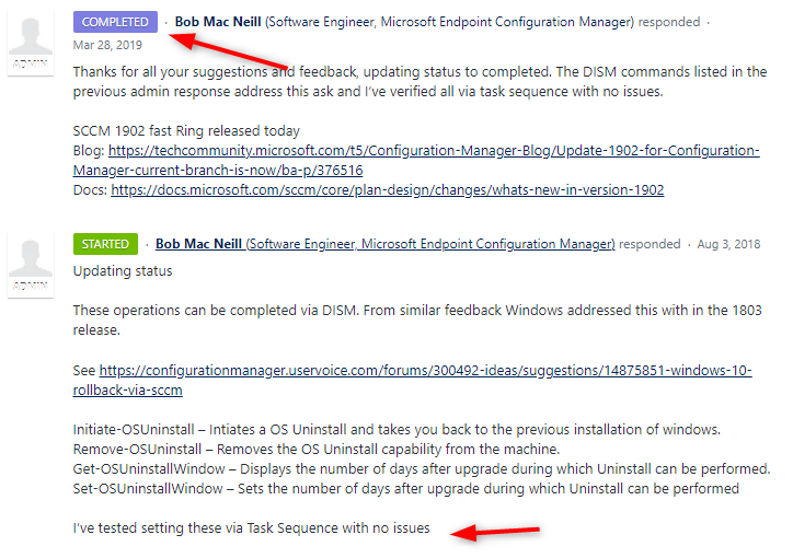 SCCM Windows 10 Rollback