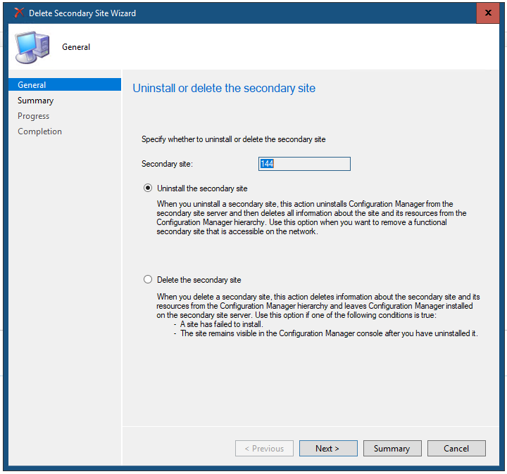 sccm secondary site uninstall